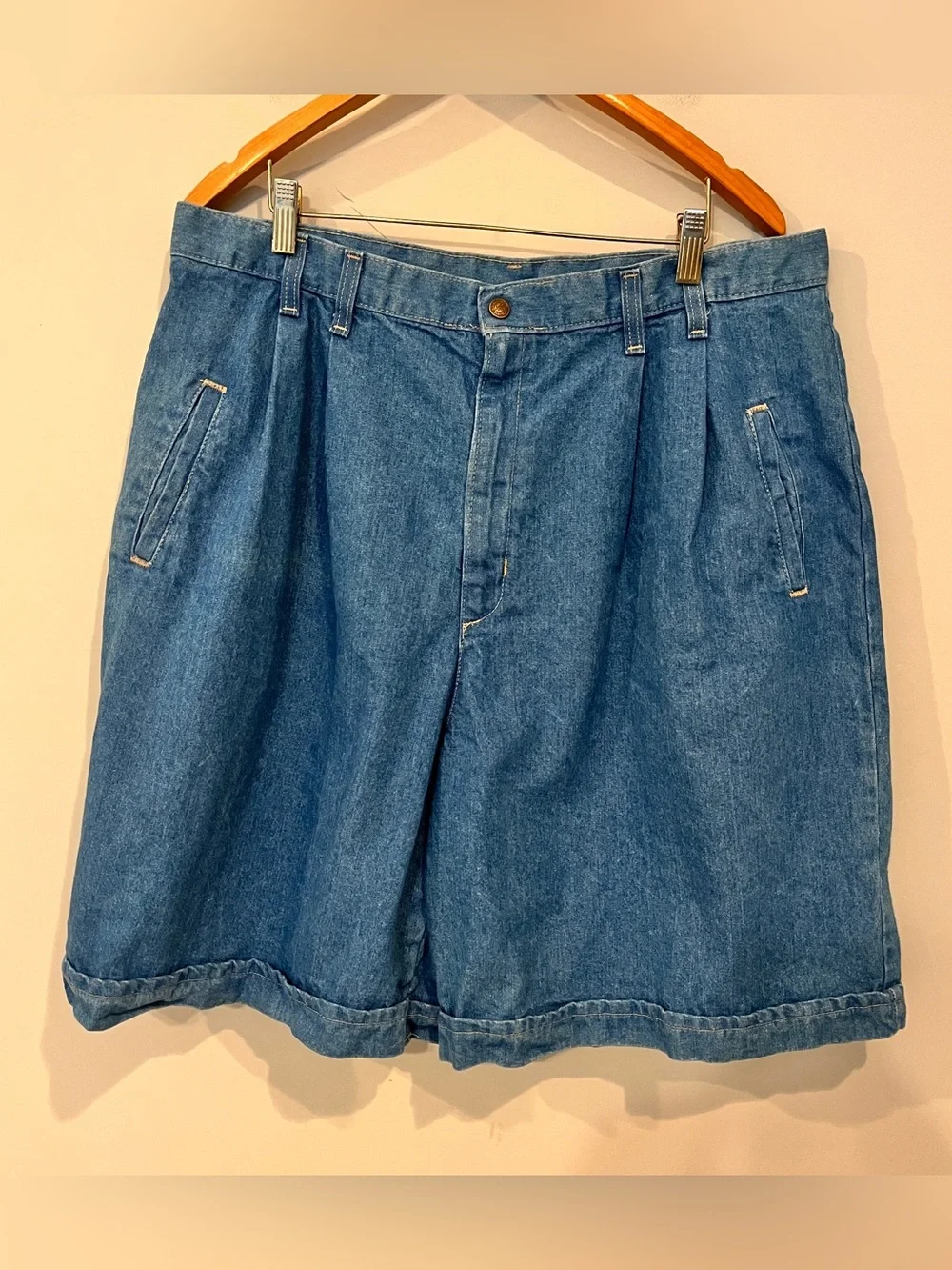 Vintage French Navy Casual Blue Denim Jean Shorts with Pleated Front Plus Size